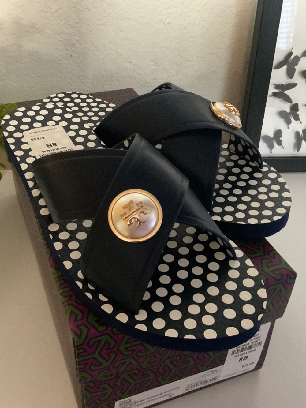TORY BURCH, NEW, MELODY CRISS CROSS SANDALS, Size 8, NAVY